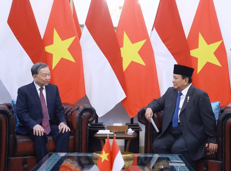 El secretario general del PCV, To Lam, conversa con el presidente de Indonesia y titular del Partido del Movimiento Gran Indonesia, Prabowo Subianto.