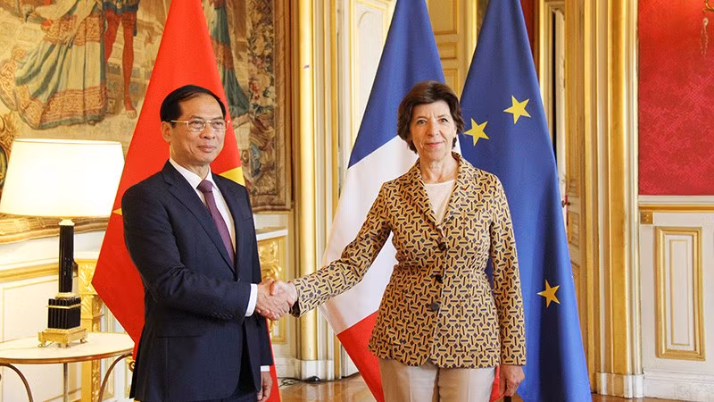 El canciller vietnamita, Bui Thanh Son, y la ministra francesa para Europa y de Asuntos Exteriores, Catherine Colonna. (Fotografía: VNA)