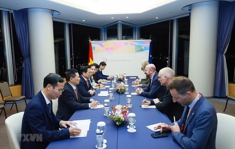 Minh Chinh y Charles Michel en la reunión. (Foto: VNA)