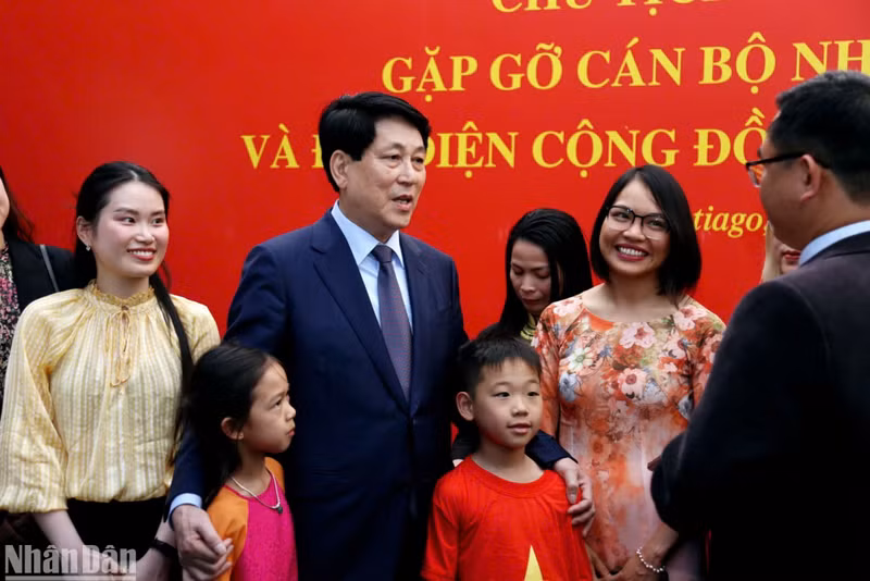 El presidente Luong Cuong conversa con vietnamitas asentados en Chile. (Foto: VNA)