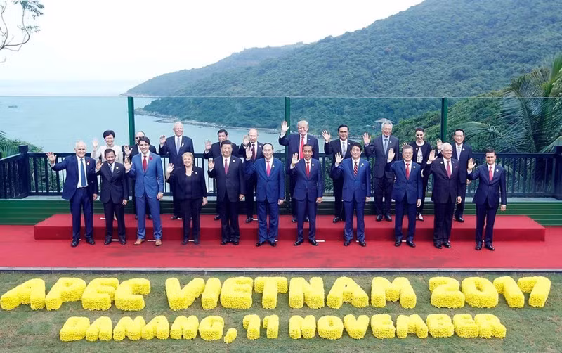 El entonces presidente de Vietnam, Tran Dai Quang, y los jefes de las delegaciones participantes en la 25 Reunión de Líderes Económicos del APEC, celebrada en la central ciudad vietnamita de Da Nang en 2017. (Fotografía: VNA)