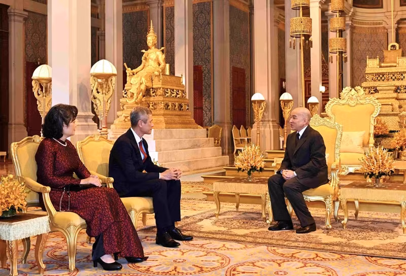 El rey de Camboya, Norodom Sihamoni, recibe al nuevo embajador vietnamita en Phnom Penh, Nguyen Minh Vu. (Foto: VNA)