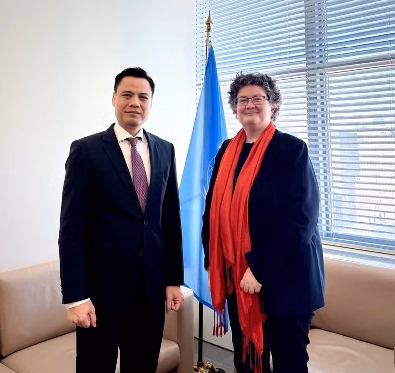 La secretaria general adjunta de Asuntos Jurídicos de las Naciones Unidas, Elinor Hammarskjöld, y el embajador Dang Hoang Giang, representante permanente de Vietnam ante la ONU. (Foto: VNA)
