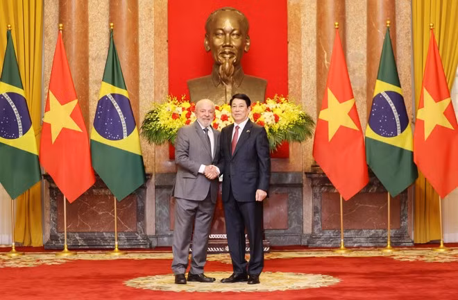El presidente de Vietnam, Luong Cuong (derecha), se reúne con su homólogo brasileño, Luiz Inácio Lula da Silva. (Foto: VNA)