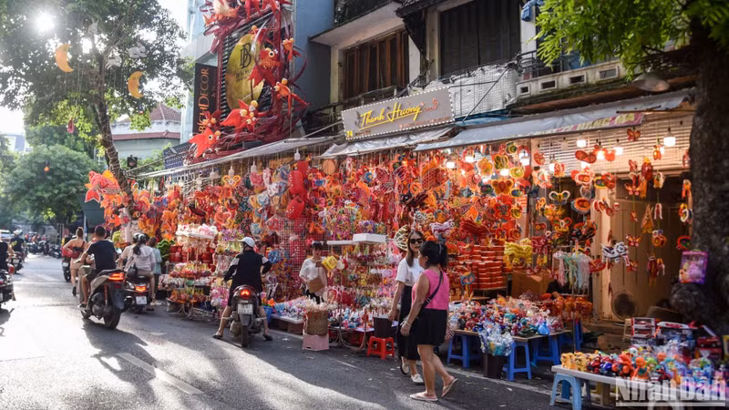 La calle Hang Ma se ha engalanado con brillantes colores de farolillos en forma de estrella, dando un nuevo aspecto al Casco Antiguo de Hanói cada vez que llega el Festival del Medio Otoño.