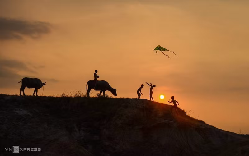 El fotógrafo captura escenas de niños pastoreando búfalos y jugando con cometas en los campos. (Foto: vnexpress.net)