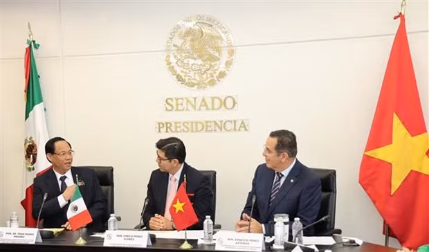 El vicepresidente de la Asamblea Nacional, Tran Quang Phuong, (I) se reúne con el primer vicepresidente del Senado de México, Sergio Pérez Flores. (Foto: VNA)