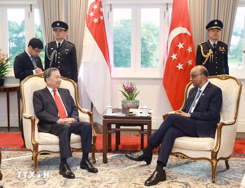 El secretario general del PCV, To Lam, se entrevista con el presidente de Singapur, Tharman Shanmugaratnam. (Foto: VNA)
