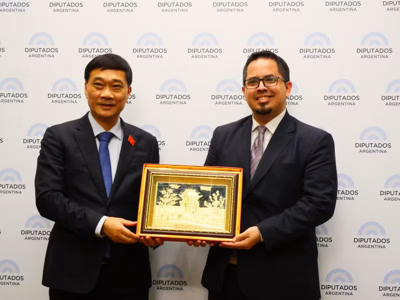 Vu Hong Thanh, miembro del Comité Central del Partido Comunista de Vietnam y presidente de su Comisión Económica de la Asamblea Nacional de Vietnam, y Santiago Pauli, presidente del Grupo Parlamentario de Amistad entre Argentina y Vietnam. (Foto: VNA) Vu Hong Thanh, miembro del Comité Central del Partido Comunista de Vietnam y presidente de su Comisión Económica de la Asamblea Nacional de Vietnam, y Santiago Pauli, presidente del Grupo Parlamentario de Amistad entre Argentina y Vietnam. (Foto: VNA)