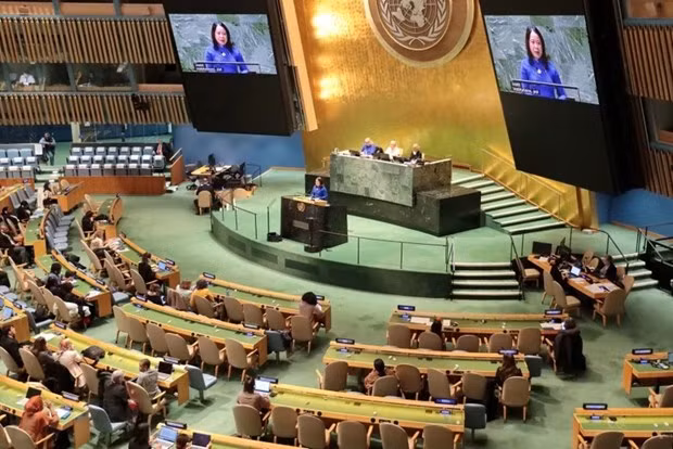 La vicepresidenta vietnamita Vo Thi Anh Xuan, interviene en el 68 período de sesiones de la Comisión de la Condición Jurídica y Social de la Mujer, dependiente del Consejo Económico y Social de las Naciones Unidas. (Foto: VNA)