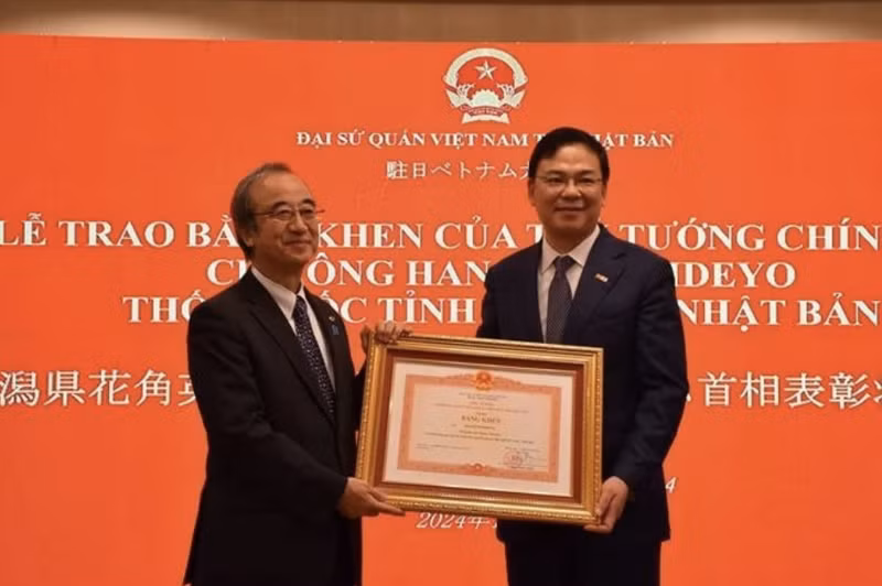 El embajador de Vietnam en Japón, Pham Quang Hieu, otorgó el certificado de mérito del Primer Ministro al gobernador de la prefectura nipona de Niigata, Hanazumi Hideyo. (Foto:VNA)