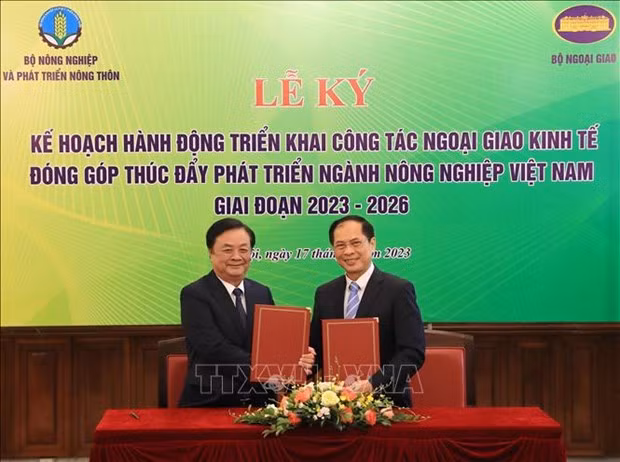 El ministro de Relaciones Exteriores de Vietnam, Bui Thanh Son, y el ministro de Agricultura y Desarrollo Rural, Le Minh Hoan, firman el plan de acción. (Foto: VNA)
