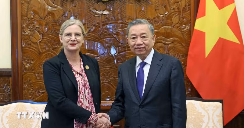 El presidente vietnamita, To Lam, recibe a la embajadora sueca, Ann Mawe.
