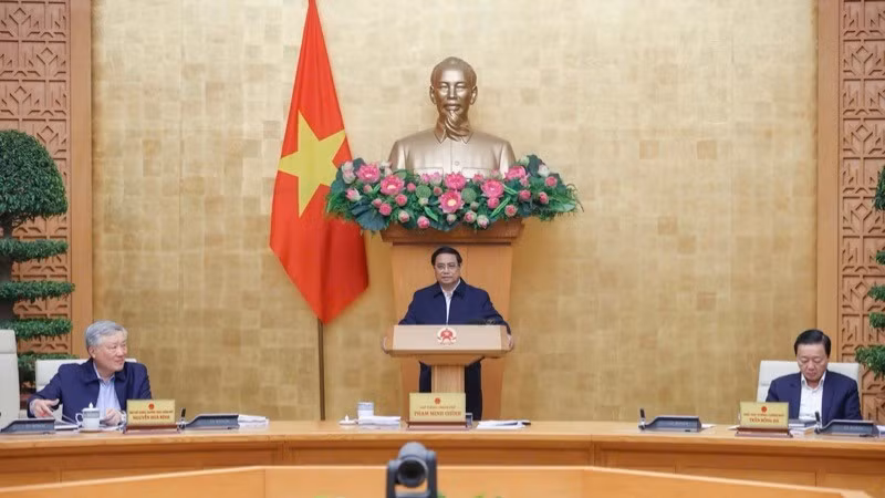 El primer ministro de Vietnam, Pham Minh Chinh, interviene en la reunión (Foto: VNA)