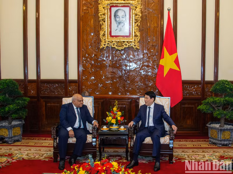 El presidente de Vietnam, Luong Cuong (derecha), recibe al embajador de Cuba, Orlando Nicolás Hernández Guillén. (Foto: Nhan Dan)