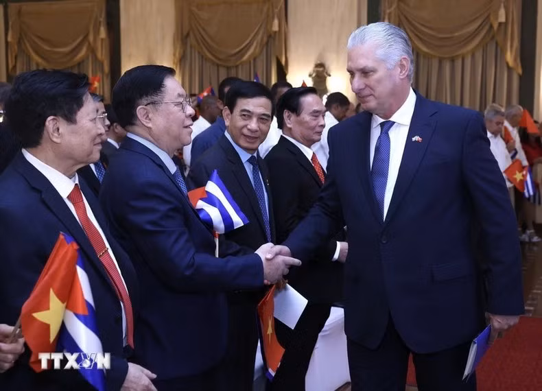 El primer secretario del Comité Central del Partido Comunista y presidente de Cuba, Miguel Díaz-Canel Bermúdez, asiste al acto. (Foto: VNA)