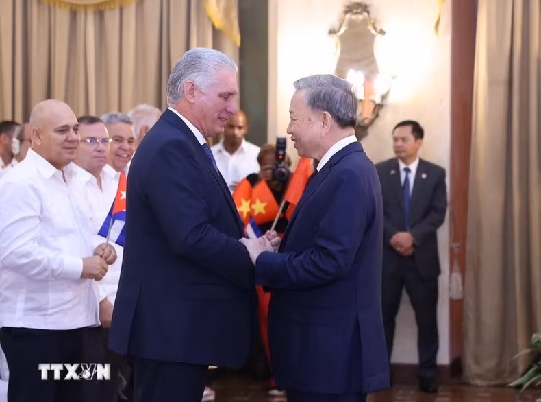 Los máximos dirigentes vietnamita y cubano en el acto. (Foto: VNA)