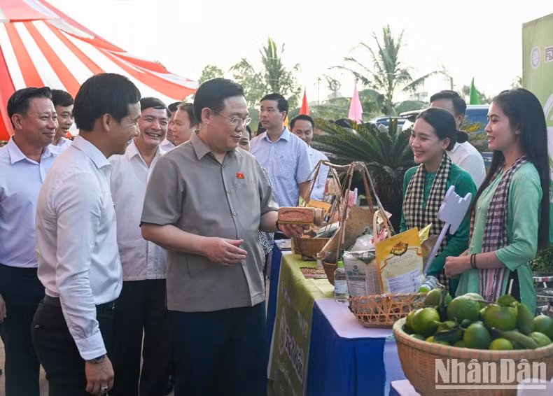 Dinh Hue y los delegados visitan la exposición de productos agrícolas típicos de Tay Ninh.