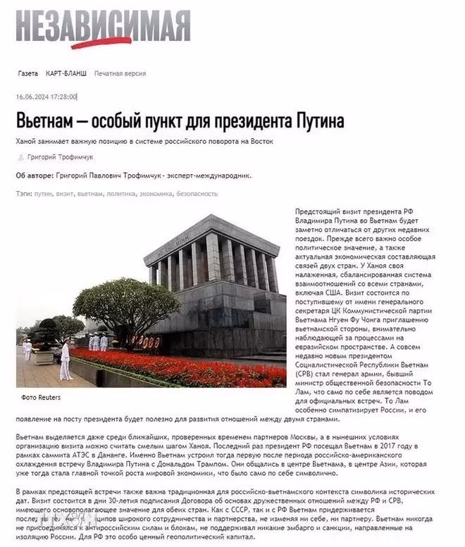 El artículo titulado "Vietnam - Un destino especial del presidente Vladimir Putin" (Foto: VNA)