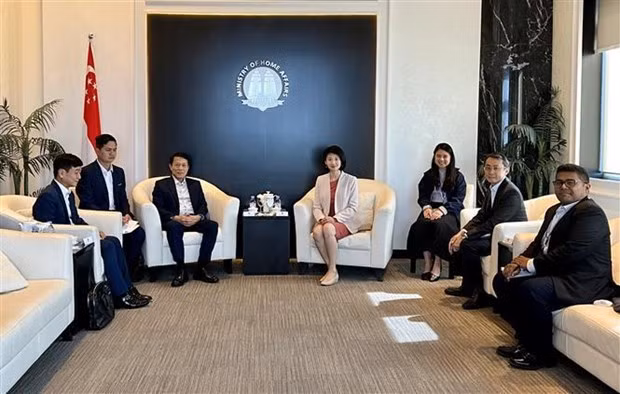 Panorama de la reunión entre el viceministro de Seguridad Pública de Vietnam, Luong Tam Quang, y la ministra de Estado del Ministerio del Interior de Singapur, Sun Xue Ling. (Fotografía: VNA)