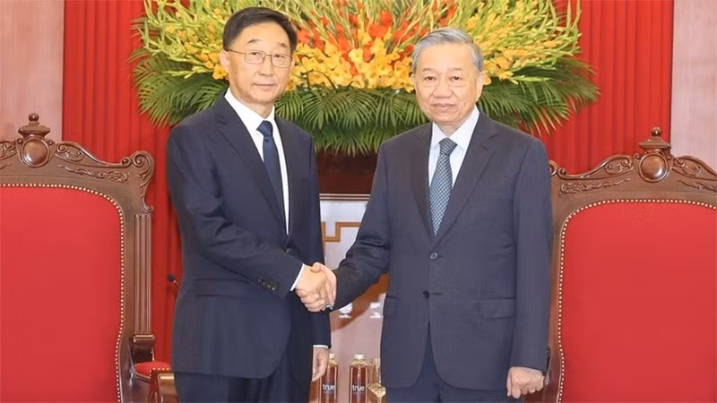 El secretario general del Partido Comunista de Vietnam y presidente del país, To Lam, y Liu Ning, miembro del Comité Central del Partido Comunista de China (PCCh) y secretario del Comité del PCCh de la Región Autónoma Zhuang de Guangxi. (Fotografía VNA)