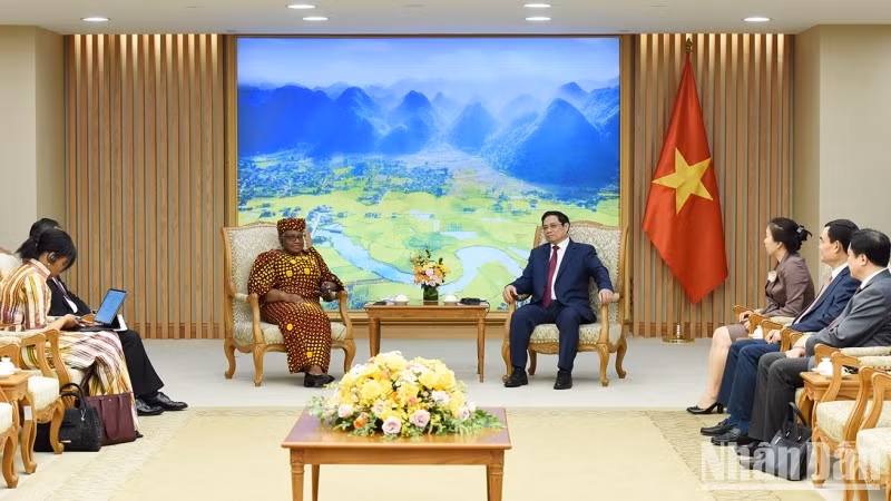 Reunión entre el primer ministro de Vietnam, Pham Minh Chinh, y la directora general de la OMC, Ngozi Okonjo-Iweala. (Fotografía: Nhan Dan)