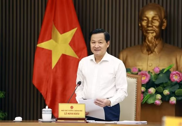 El vicepremier vietnamita Le Minh Khai interviene en la reunión. (Fotografía: VNA)
