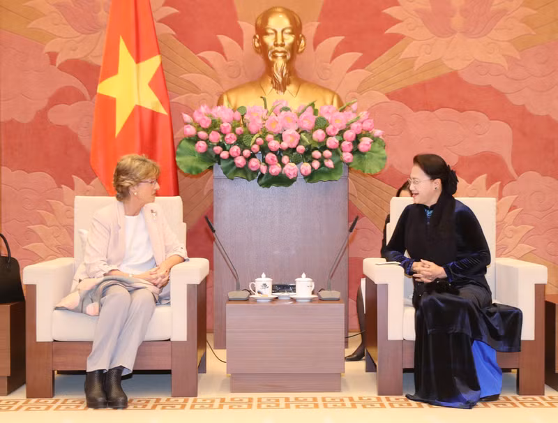 La presidenta de la Asamblea Nacional, Nguyen Thi Kim Ngan, recibe a la embajadora de España, Jesús Figa López Palop (Hanói, 26 de diciembre de 2017).