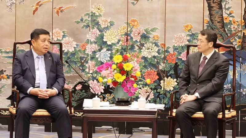 El vice primer ministro vietnamita Nguyen Chi Dung se reúne con Zhang Hu, subgobernador de la provincia china de Guangdong. (Fotografía: Nhan Dan)
