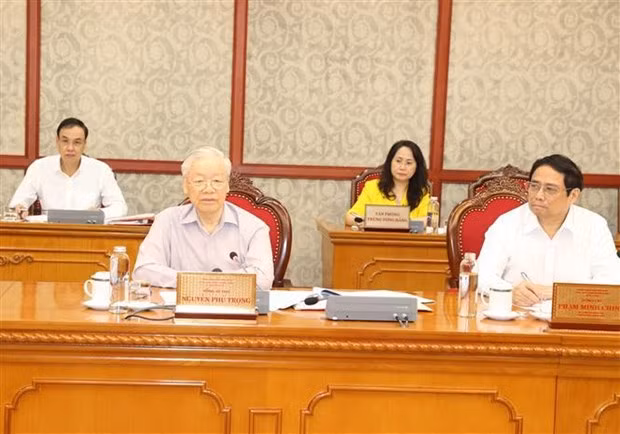 El secretario general del Partido Comunista de Vietnam, Nguyen Phu Trong, interviene en la cita. (Fotografía: VNA)