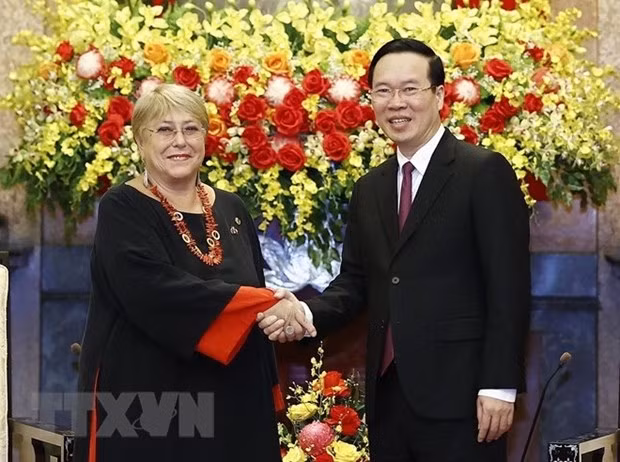 El presidente de Vietnam, Vo Van Thuong, recibe a la expresidenta chilena Michelle Bachelet. (Fotografía: VNA)