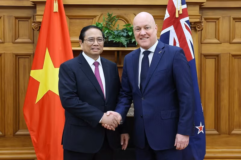 El primer ministro de Vietnam, Pham Minh Chinh, y su par neozelandés, Christopher Luxon, en el país oceánico en marzo de 2024. (Foto: Duong Giang/VNA)