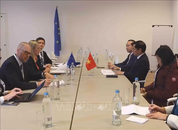 El canciller vietnamita, Bui Thanh Son, en la reunión con la comisaria europea de Asociaciones Internacionales, Jutta Urpilainen. (Fotografía: VNA)