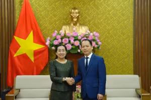 El ministro de Justicia de Vietnam, Hoang Thanh Tung, recibe a la embajadora de Camboya en el país, Touch Pharat. 