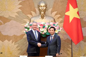 El vicepresidente de la Asamblea Nacional de Vietnam, coronel general Nguyen Doan Anh, recibe a Jean-Michel Jacques, titular de la Comisión de Defensa Nacional y Fuerzas Armadas de la Asamblea Nacional (Cámara baja) de Francia. (Foto quochoi.vn)