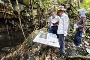 Tran Tan Van (persona con sombrero), presidente de la Red Mundial de Geoparques de la Unesco en Vietnam, inspecciona el sistema de cuevas volcánicas en el Geoparque Mundial de Dak Nong (comuna de Nam Da, provincia de Lam Dong). (Foto: VNA)