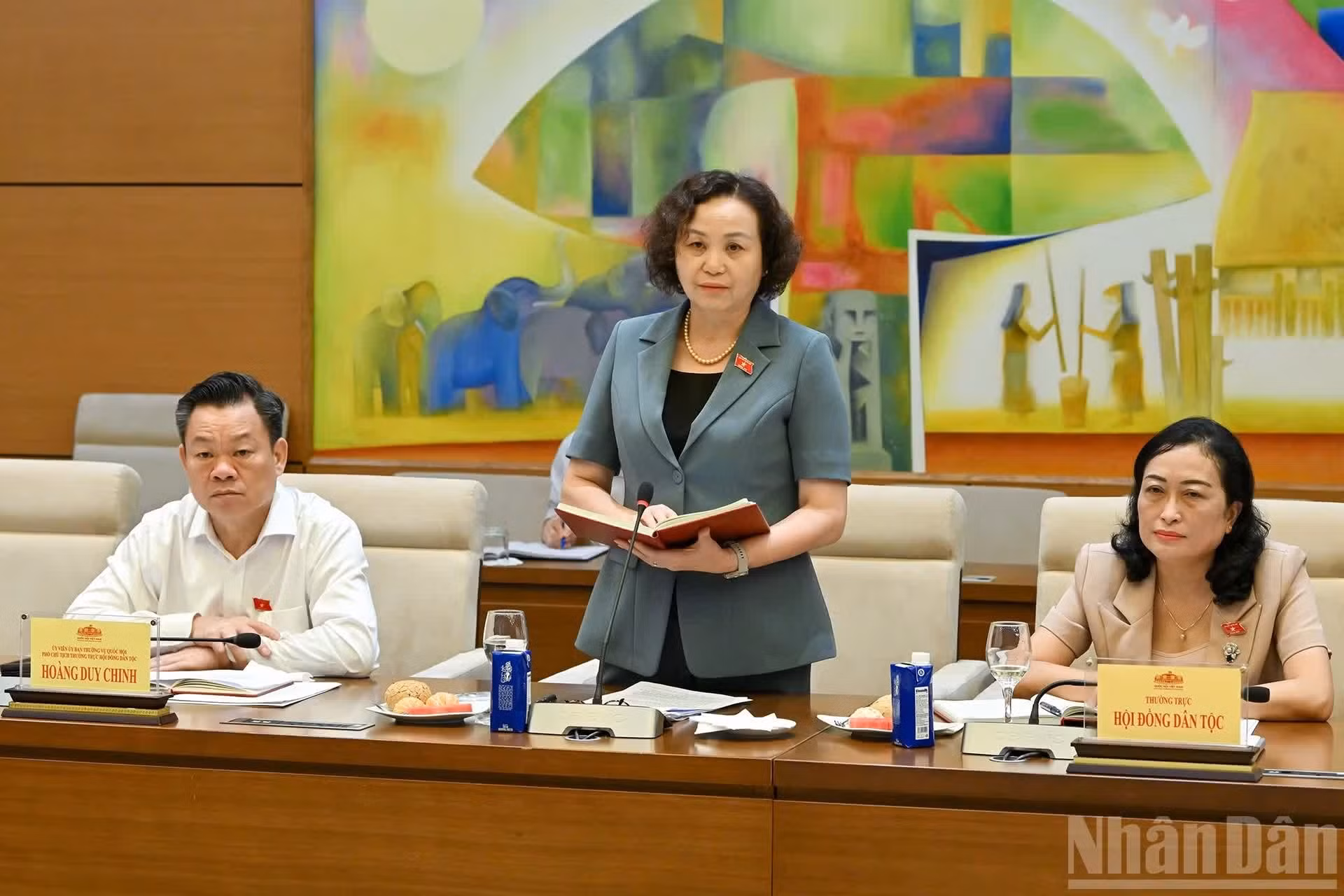 La vicepresidenta del Consejo de Nacionalidades, Cao Thi Xuan, interviene en la reunión.
