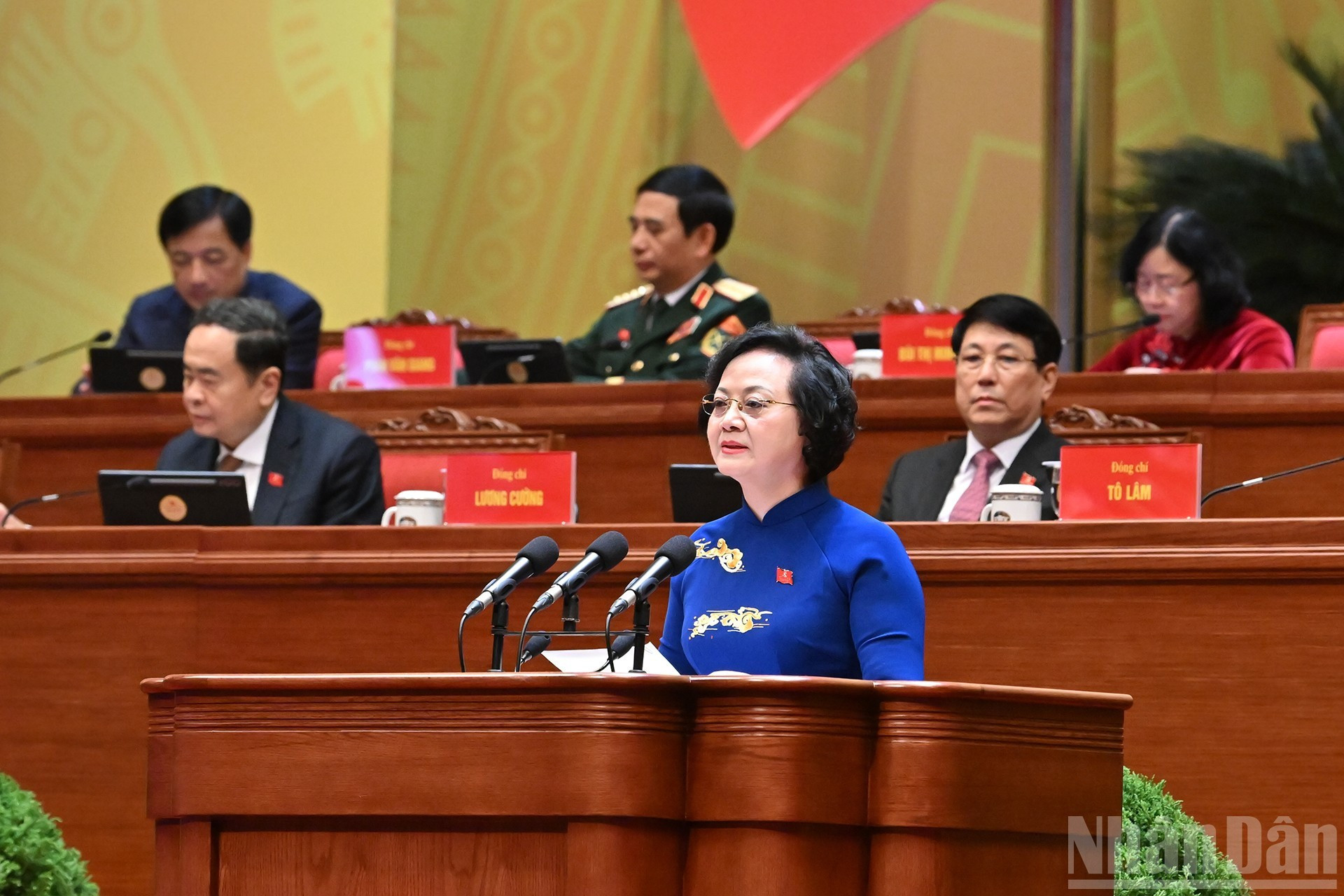 Pham Thi Thanh Tra, miembro del Comité Central del Partido, miembro del Comité Permanente del Comité del Partido del Gobierno y viceprimera ministra, interviene en la cita. (Foto: THUY NGUYEN)
