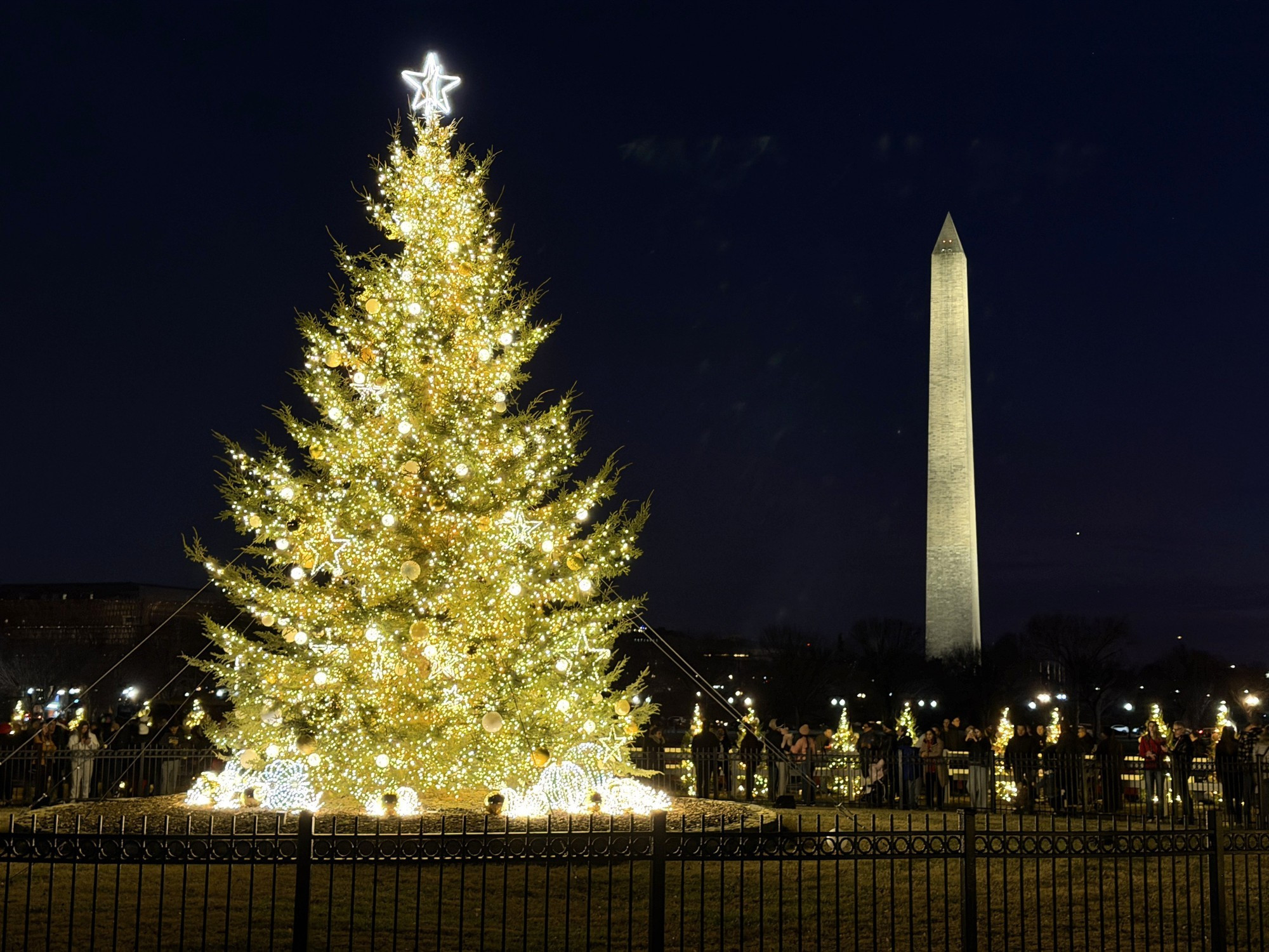 El Árbol Nacional de Navidad de Estados Unidos brilla con miles de luces junto al Monumento a Washington, en la capital estadounidense.