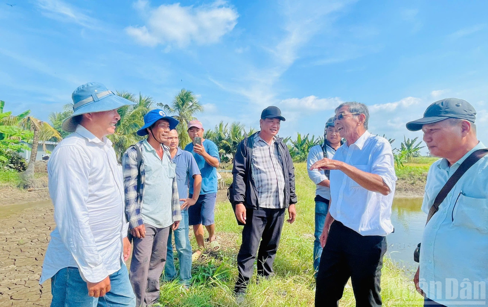 El ingeniero Ho Quang Cua, Héroe del Trabajo y creador de la marca de arroz ST, reconocida como la mejor del mundo, visita la zona de producción combinada de camarón y arroz de tres hectáreas de Nguyen Van Truong, en la aldea de Thinh Tay A, comuna de Dong Hoa.