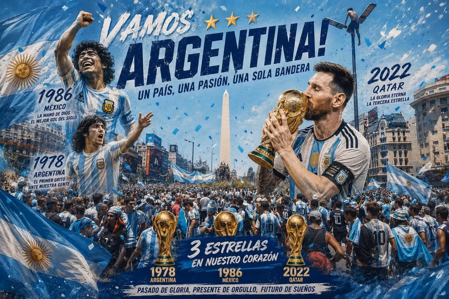 Aficionados argentinos celebran en la plaza en el centro de Buenos Aires, la conquista de la Copa Mundial de la FIFA 2022, el tercer título mundial de la historia de Argentina. (Imagen elaborada con apoyo de la inteligencia artificial).