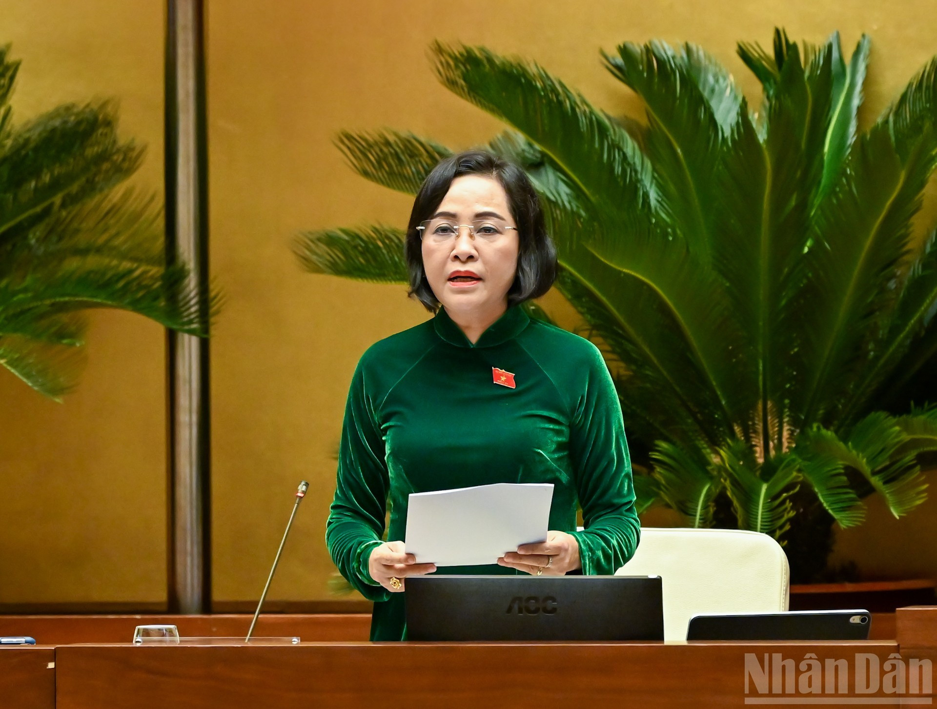 La vicepresidenta de la Asamblea Nacional Nguyen Thi Thanh preside la sesión de debate sobre los ámbitos cultural y social.