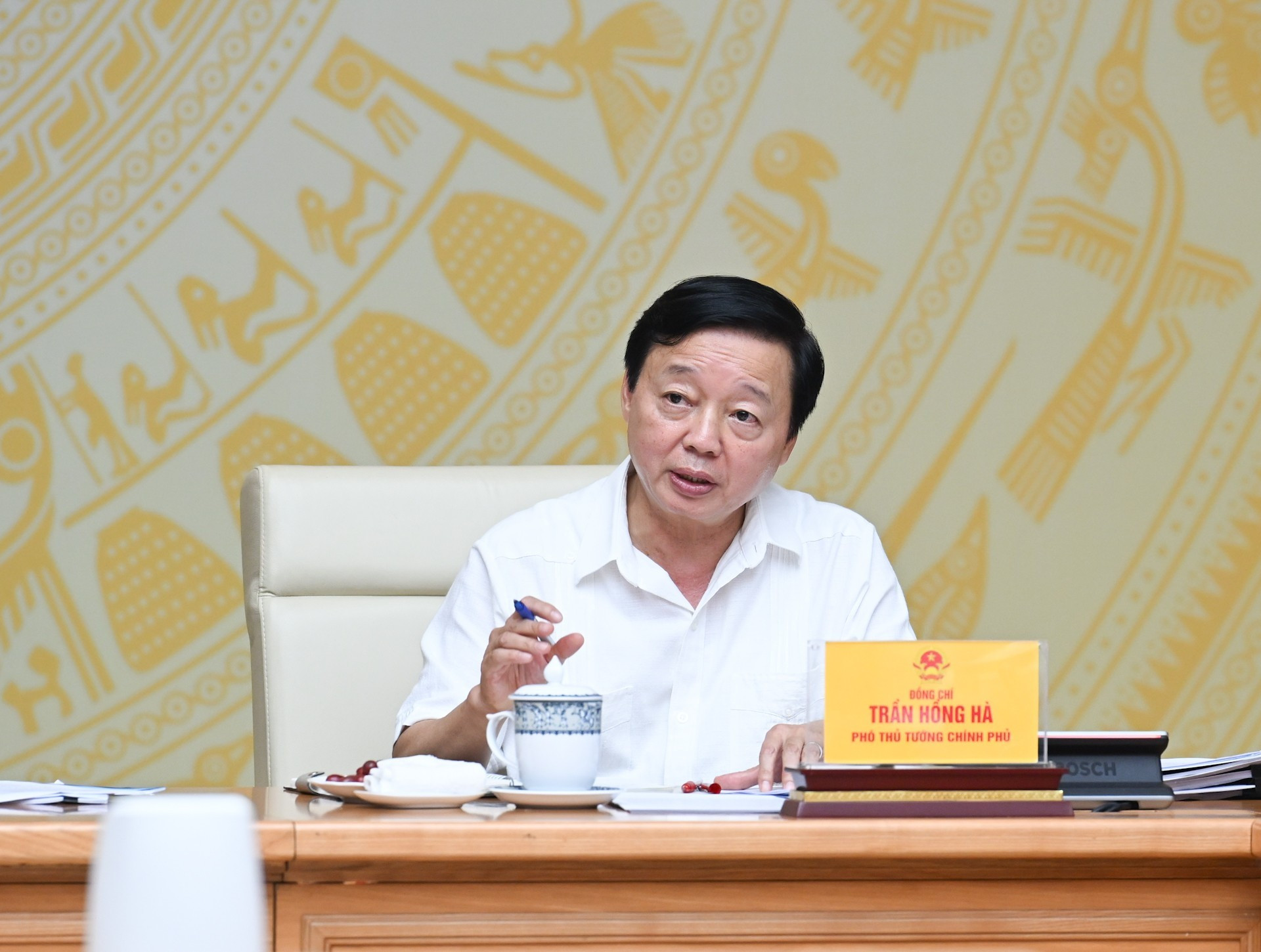 El viceprimer ministro Tran Hong Ha interviene en la reunión.