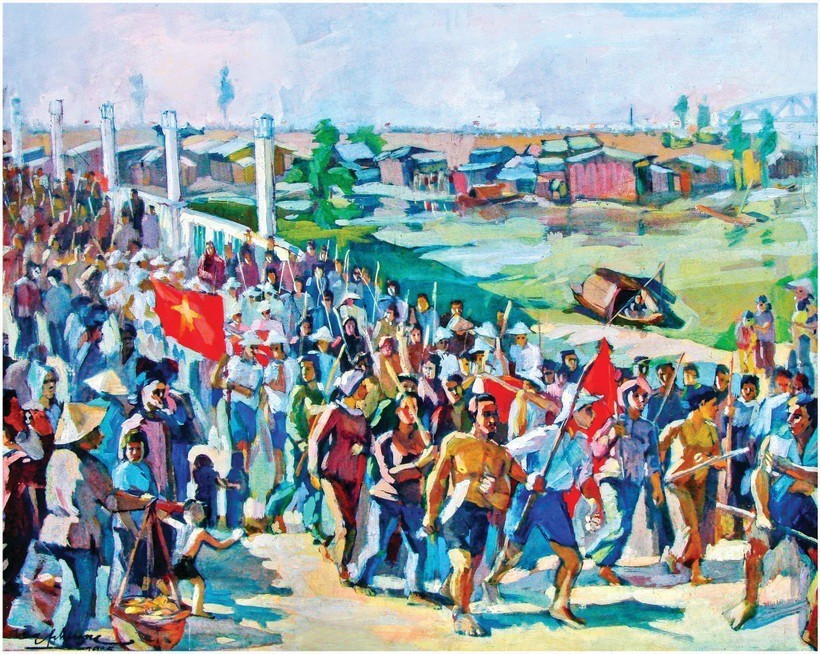 La obra “Tan An en agosto de 1945”, del artista Huu Phuong, inspirada en la narración del pintor Huynh Van Gam. (Foto: Vo Manh Hao) La obra “Tan An en agosto de 1945”, del artista Huu Phuong, inspirada en la narración del pintor Huynh Van Gam. (Foto: Vo Manh Hao)