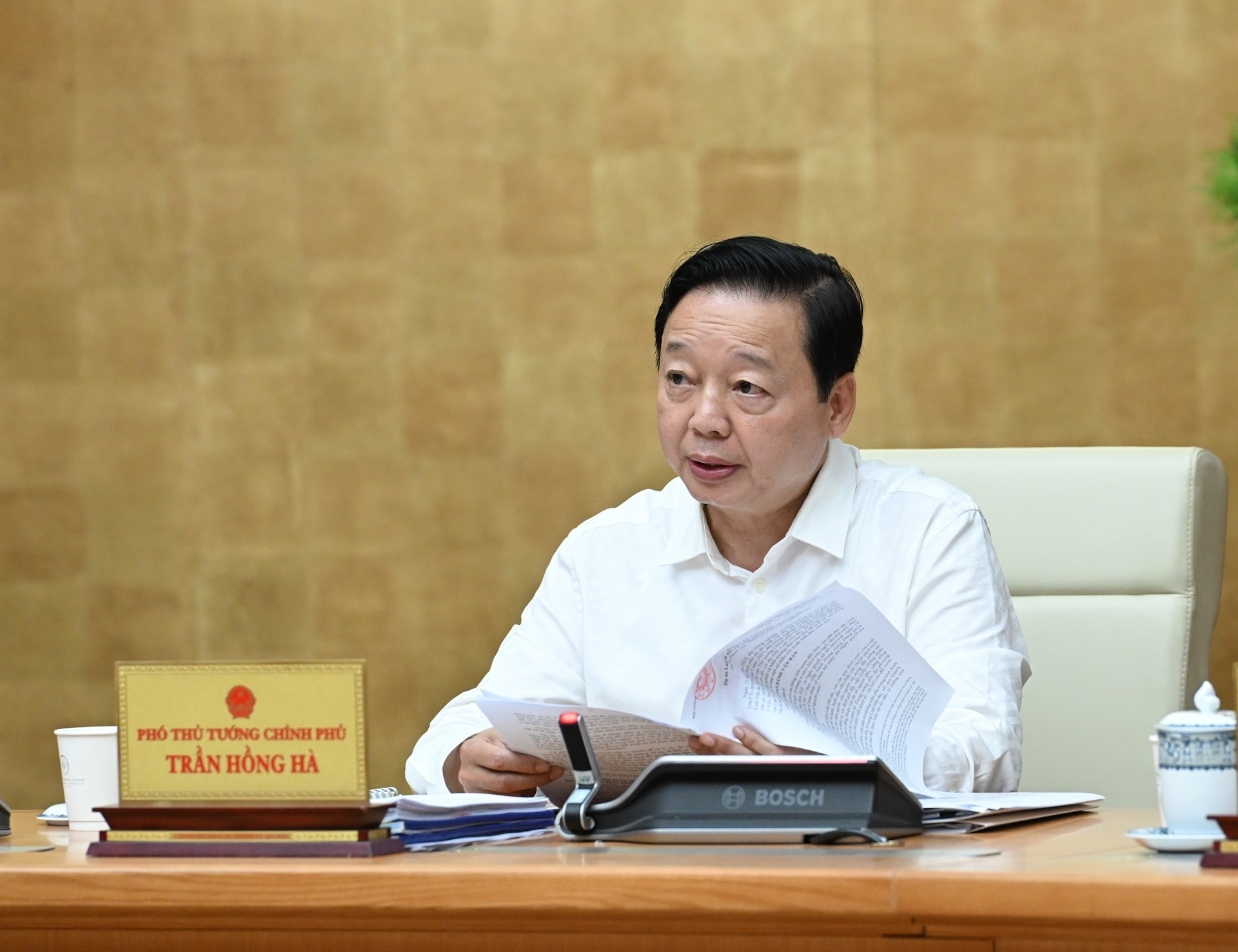 El viceprimer ministro Tran Hong Ha hace uso de la palabra en la reunión.