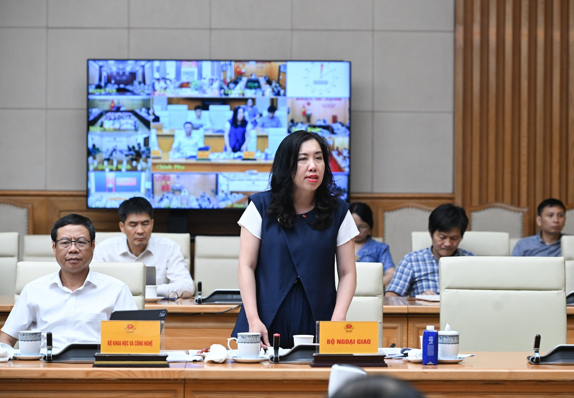 La viceministra de Relaciones Exteriores, Le Thi Thu Hang, hace uso de la palabra en la reunión.