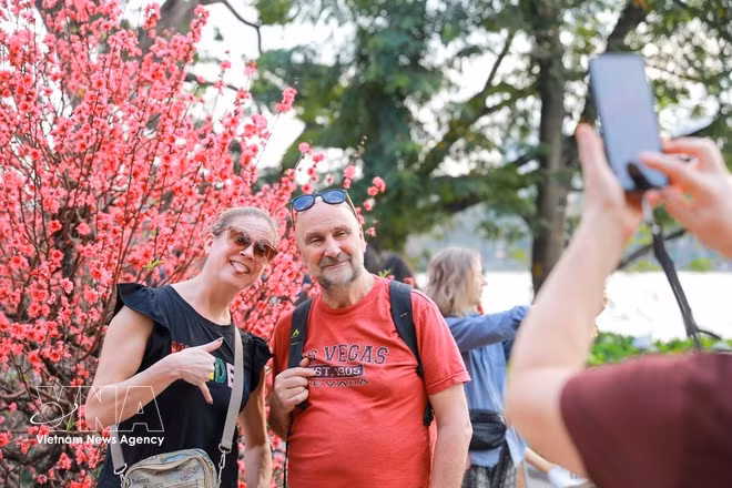 Los vibrantes colores primaverales en la zona alrededor del Lago Hoan Kiem atraen la atención de los visitantes. Foto: VNA