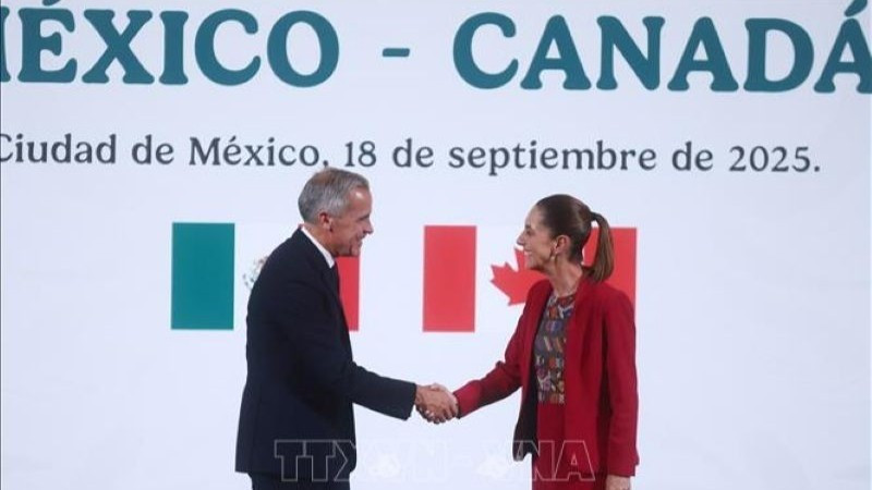 La presidenta mexicana, Claudia Sheinbaum (derecha), se reúne con el primer ministro canadiense, Mark Carney, durante su visita en México, el 18 de septiembre de 2025. (Foto: Xinhua/VNA)