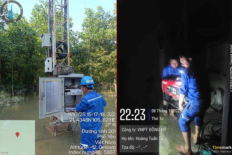 Miles de técnicos de VNPT siguen estacionados en las zonas inundadas, trabajando día y noche para solucionar los problemas con urgencia. (Foto: cand.com.vn)