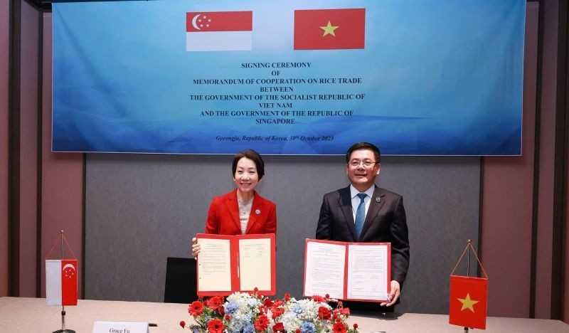 El ministro vietnamita de Industria y Comercio, Nguyen Hong Dien, y la ministra singapurense de Sostenibilidad y Medio Ambiente y encargada de las Relaciones Comerciales, Grace Fu, en la ceremonia de firma. (Fuente: VNA)